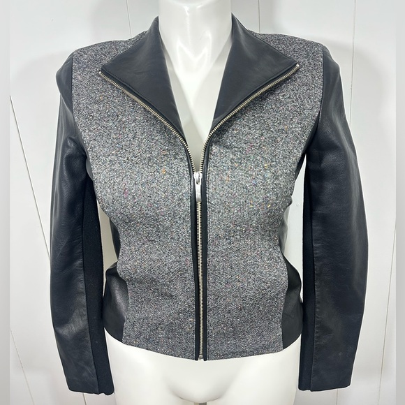 Cole Haan Jackets & Blazers - Cole Haan Sz 10 Gray Black Lambskin Leather Wool Blend Tweed Full Zip Jacket